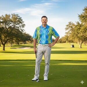 Payne Stewart Mens Size Large Golf Polo Shirt Blue Green Argyle Pattern Sporty